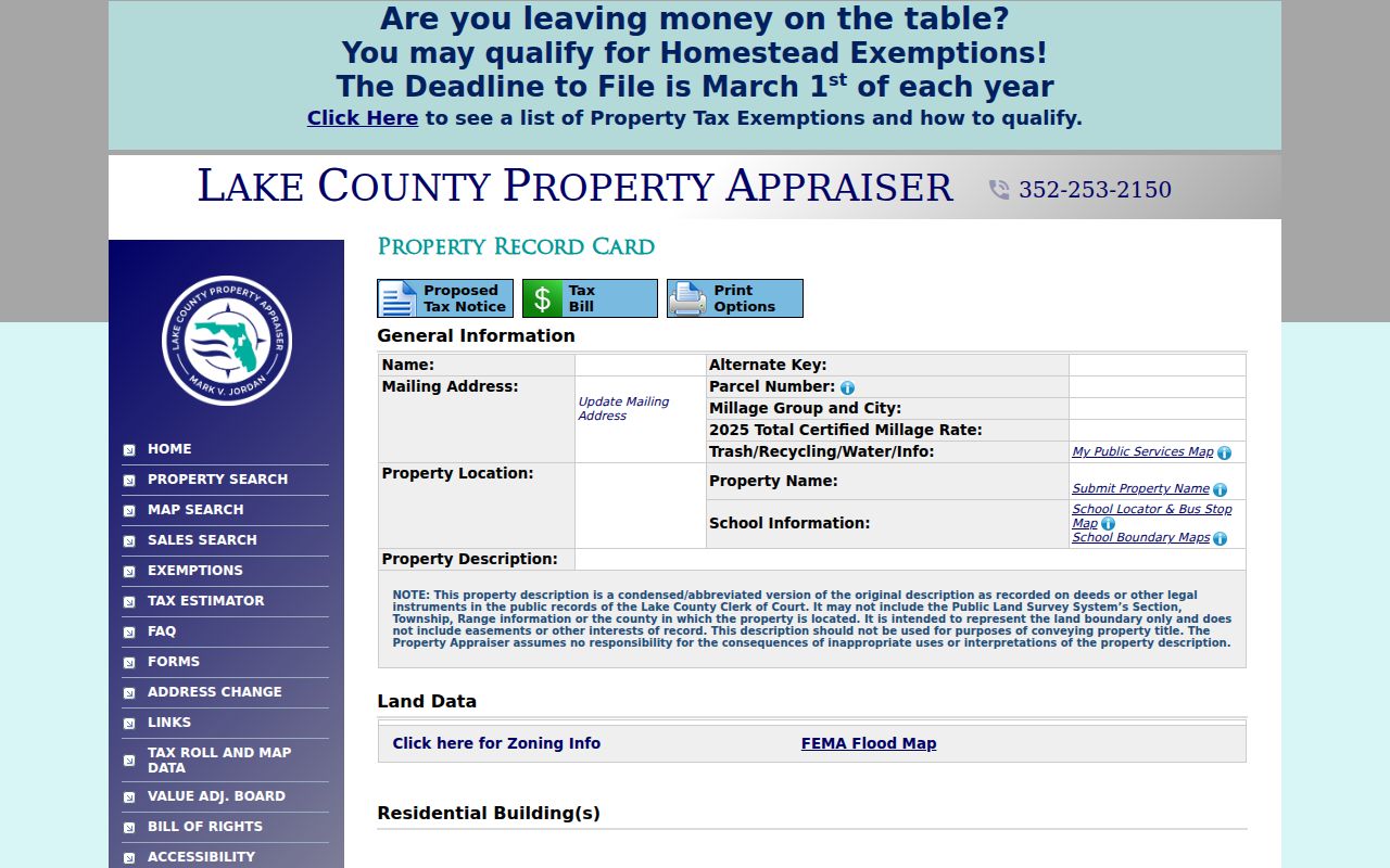 Lake County property detail fields used for an Eustis street directory search