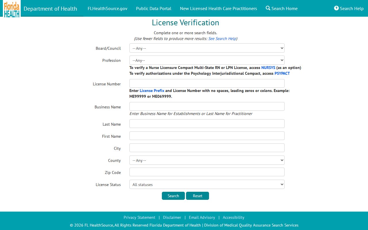 Eustis resident lookup in the Florida MQA license system