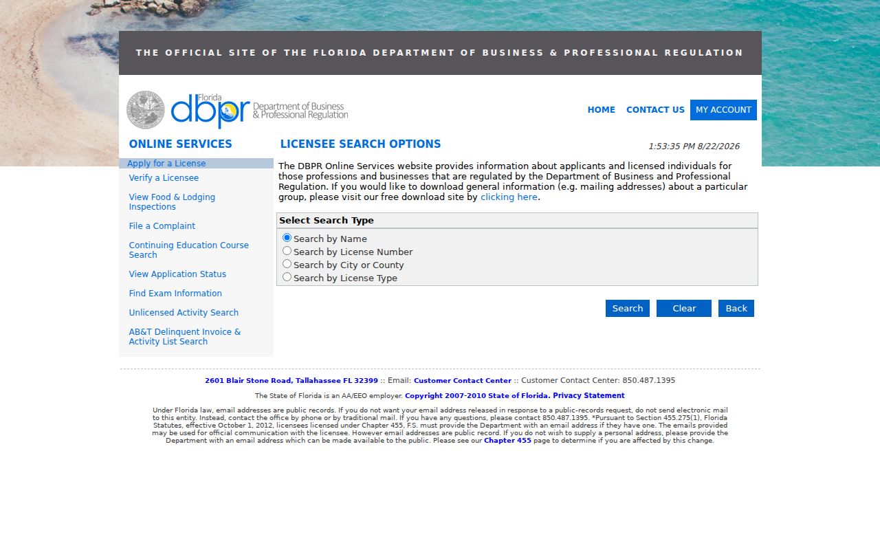 Eustis resident lookup through Florida DBPR